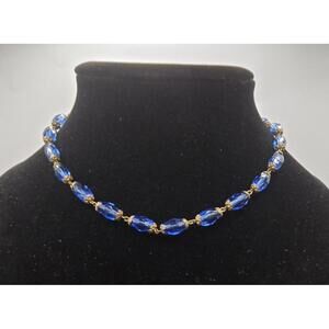 Vintage Made In Czechoslovakia Blue Faceted Glass Beaded Necklace Choker